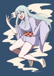 Rule 34 | 1girl, :d, aged down, akatsubonikichi, blue hair, blush, breasts, constricted pupils, full body, gegege no kitarou, geta, hair between eyes, japanese clothes, kimono, large breasts, light blue hair, long sleeves, looking at viewer, obi, open mouth, sand, sash, short kimono, sleeves past fingers, sleeves past wrists, smile, solo, sunakake babaa, tabi, traditional youkai, wide sleeves, yellow eyes