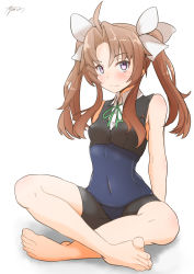 Rule 34 | 1girl, adapted costume, ahoge, ayuman, bike shorts, black shorts, black vest, blue one-piece swimsuit, brown hair, crop top, detached collar, green ribbon, hair ribbon, highres, indian style, kagerou (kancolle), kagerou kai ni (kancolle), kantai collection, long hair, looking at viewer, neck ribbon, one-piece swimsuit, ribbon, school swimsuit, shorts, signature, simple background, sitting, solo, swimsuit, swimsuit over clothes, twintails, vest, white background, white ribbon