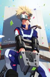 Rule 34 | 1boy, against pillar, against wall, angry, artist name, bakugou katsuki, blonde hair, blue track suit, blurry, blurry background, boku no hero academia, bound, bound arms, bound wrists, chain, chained, commentary, confetti, covered face, covered mouth, cowboy shot, day, floating neckwear, gearous, high collar, highres, immobilization, jacket, jewelry, knee up, light, long neck, looking at viewer, male focus, mask, medal, mouth mask, multiple boys, object request, outdoors, pants, pendant, red eyes, restrained, sanpaku, short hair, sidelighting, solo, spiked hair, spoilers, stationary restraints, strap, sunlight, track jacket, track pants, track suit, turning head, u.a. gym uniform, v arms, veins