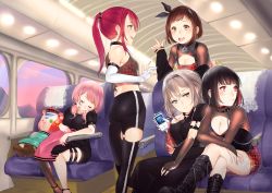 Rule 34 | 5girls, absurdres, afterglow (bang dream!), aoba moca, aqua eyes, ass, bang dream!, black choker, black dress, black footwear, black hair, black hairband, black pants, boots, breasts, brown hair, choker, cleavage, cleavage cutout, clothing cutout, commentary request, crossed legs, dress, drooling, earphones, elbow gloves, gloves, grey hair, hairband, hazawa tsugumi, highres, huge filesize, jewelry, knee boots, lock, long hair, looking away, low twintails, medium breasts, mitake ran, multicolored hair, multiple girls, necklace, pants, pink hair, plaid, plaid skirt, plaid sleeves, ponytail, red eyes, red hair, shared earphones, shinkansen, short hair, single glove, single thighhigh, skirt, sleeping, smile, standing, streaked hair, thigh strap, thighhighs, train interior, twintails, udagawa tomoe, uehara himari, user ssje7584, white gloves, yellow eyes