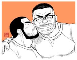 Rule 34 | 2boys, ^ ^, adam&#039;s apple, banjyaku, bara, beard, blush, buzz cut, closed eyes, couple, facial hair, glasses, greyscale with colored background, grin, hand on another&#039;s shoulder, happy, kiss, kissing cheek, male focus, multicolored hair, multiple boys, muscular, muscular male, mustache stubble, old, old man, orange background, original, pectorals, short hair, smile, stubble, thick eyebrows, two-tone hair, upper body, v-shaped eyebrows, very short hair, wrinkled skin, yaoi