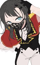 Rule 34 | 1girl, a jak, bang dream!, bang dream! it&#039;s mygo!!!!!, black gloves, black hair, black mask, black shirt, blue eyes, cape, from above, gloves, grey pants, hand in own hair, highres, long hair, looking at viewer, mask, mouth mask, pants, red cape, see-through, see-through sleeves, shirt, simple background, sitting, solo, white background, yahata umiri
