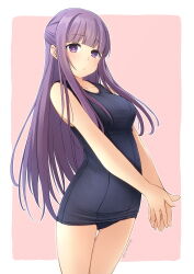 Rule 34 | 1girl, blue one-piece swimsuit, blunt bangs, cowboy shot, fern (sousou no frieren), half updo, highres, long hair, old school swimsuit, one-piece swimsuit, palms together, pink background, purple eyes, purple hair, school swimsuit, shibacha, solo, sousou no frieren, standing, swimsuit, thigh gap, two-tone background