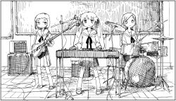 Rule 34 | 3girls, amplifier, ayaka (shimeji simulation), band, cable, character request, drum, guitar, highres, holding guitar, holding instrument, instrument, keyboard (instrument), long hair, microphone, monochrome, multiple girls, shimeji simulation, short hair, tsukumizu yuu, twintails