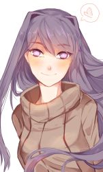 Rule 34 | 1girl, beige sweater, blush, commentary, doki doki literature club, english commentary, hair between eyes, hair ornament, hairclip, heart, heart-shaped pupils, highres, long hair, looking at viewer, marilatte, purple eyes, purple hair, ribbed sweater, simple background, smile, solo, spoken heart, sweater, symbol-shaped pupils, upper body, white background, yuri (doki doki literature club)