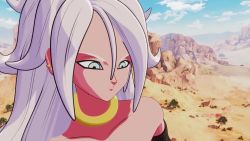 Rule 34 | 1boy, 1girl, 3d, android 21, animated, arms behind head, black nails, blue eyes, bouncing breasts, breasts, colored skin, detached sleeves, dragon ball, floating, jewelry, large breasts, long hair, majin android 21, midair, moaning, nail polish, neck ring, nipples, nude, pink skin, secazz, sex, sound, uncensored, vaginal, video, white hair