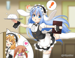 Rule 34 | !, 3girls, :d, ^^^, ^ ^, alternate costume, angora rabbit, animal, animal ears, apron, black hairband, black skirt, blonde hair, blouse, blue eyes, blue hair, blurry, blurry background, blush, brown hair, camera, caught, center frills, chestnut mouth, closed eyes, closed mouth, collared shirt, commentary request, depth of field, fake animal ears, fleur de lapin uniform, floppy ears, frilled apron, frilled hairband, frilled shirt, frilled skirt, frills, gochuumon wa usagi desu ka?, hair between eyes, hair ornament, hairband, hairclip, heart, holding, holding camera, holding tray, hoto cocoa, indoors, kafuu chino, kirima syaro, long hair, long sleeves, looking at viewer, mitya, multiple girls, notice lines, open mouth, parted lips, peeking out, puffy short sleeves, puffy sleeves, rabbit, rabbit ears, shirt, short sleeves, skirt, sleeves past wrists, smile, spoken exclamation mark, spoken heart, standing, standing on one leg, sweat, taking picture, thighhighs, tippy (gochiusa), tray, twitter username, uniform, very long hair, waist apron, waitress, white apron, white legwear, white shirt, wrist cuffs, x hair ornament