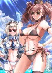 Rule 34 | 2girls, absurdres, atlanta (kancolle), bandana waddle dee, between breasts, bikini, black bikini, black gloves, black headwear, blonde hair, blue bow, blue eyes, blue necktie, blue sky, bow, breasts, brown hair, capelet, cloud, commentary request, cowboy shot, crossover, day, detached collar, food, garrison cap, gloves, grey capelet, grey eyes, hair bow, hand on own hip, hands on own hips, hat, headgear, heart, heart-shaped eyewear, highres, kantai collection, kentan (kingtaiki), kirby, kirby (series), large breasts, long hair, looking at viewer, maryland (kancolle), multiple girls, necktie, necktie between breasts, nintendo, outdoors, popsicle, radio antenna, sky, standing, star-shaped eyewear, star (symbol), sunglasses, swimsuit, two side up, water, white bikini