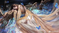 Rule 34 | 1girl, brown hair, bug, butterfly, detached sleeves, dress, fireflies, highres, insect, jin pinger (zhu xian), lily pad, long hair, long sleeves, lying, night, on side, plant roots, qiao zhong xie, second-party source, skirt, solo, teeth, vegetation, white skirt, yellow dress, zhu xian