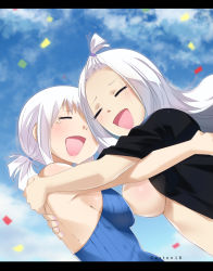 Rule 34 | 2girls, artist name, breasts, cloud, confetti, closed eyes, fairy tail, gaston18, highres, hug, large breasts, lisanna strauss, mirajane strauss, multiple girls, open mouth, ponytail, siblings, sisters, sky, tagme, tears, white hair