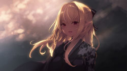 Rule 34 | 1girl, :d, bad id, bad pixiv id, black kimono, blonde hair, blurry, blurry background, blush, bow, cait aron, commentary request, dark-skinned female, dark skin, depth of field, floral print, hair between eyes, hair bow, hair intakes, highres, hololive, japanese clothes, kimono, long hair, looking at viewer, open mouth, pointy ears, print kimono, red bow, red eyes, shiranui flare, shiranui flare (new year), smile, solo, teeth, upper body, upper teeth only, virtual youtuber