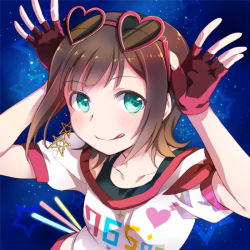 Rule 34 | 1girl, :q, amami haruka, brown hair, earrings, fingerless gloves, gloves, glowstick, green eyes, idolmaster, idolmaster (classic), jewelry, pentagram, smile, solo, star (sky), star (symbol), sunglasses, tongue, tongue out, udon (memai no kabe)