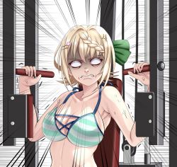 Rule 34 | 1girl, bikini, blonde hair, braid, braided bangs, breasts, cleavage, clenched teeth, collarbone, emphasis lines, empty eyes, exercising, exercise machine, green bikini, hair ornament, hairclip, kantai collection, large breasts, official alternate costume, perth (kancolle), shaded face, short hair, solo, striped bikini, striped clothes, swimsuit, teeth, tk8d32, upper body