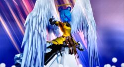 Rule 34 | angel wings, animal ears, anubriel lunabrie shadowlight, armor, blue hair, blue skin, colored skin, frionirielle knowledge, gun, halo, holding, holding gun, holding weapon, long skirt, mouse ears, non-web source, self-upload, shadowlight, skirt, weapon, wings