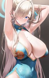 Rule 34 | 1girl, absurdres, arm up, armpits, asuna (blue archive), blue archive, blue dress, blue eyes, blush, breasts, china dress, chinese clothes, cleavage, conconcon1031, covered navel, dress, gradient background, hair over one eye, halo, hand in own hair, highres, huge breasts, light brown hair, long hair, looking at viewer, smile, solo, upper body, very long hair