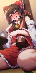 Rule 34 | 1girl, absurdres, bottle, bow, brown hair, choko (cup), cup, detached sleeves, drunk, from below, hair bow, hakurei reimu, highres, jacket, nontraditional miko, red bow, red jacket, red skirt, sake bottle, skirt, sleeveless, sleeveless jacket, solo, squeans, thighs, touhou, white sleeves, yosshy