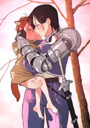 Rule 34 | 1boy, 1girl, absurdres, age difference, animal ears, armor, bare shoulders, bare tree, barefoot, belt, black hair, blue eyes, blush, breasts, brown hair, carrying, child, commentary, earrings, eye contact, fingerless gloves, gauntlets, gloves, highres, jewelry, large breasts, looking at another, noah (onna kishi to kemonomimi no ko), olivia (onna kishi to kemomimi no ko), onna kishi to kemomimi no ko, original, pants, sheath, sheathed, shoulder armor, stud earrings, sword, tail, tearing up, tree, turbo engine (rakugaki tabo), weapon, yellow eyes