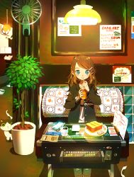 Rule 34 | 1girl, absurdres, arcade cabinet, artist request, bendy straw, brown hair, cat, cellphone, commentary request, couch, cup, drinking glass, drinking straw, electric fan, food, green eyes, hair ornament, hairclip, highres, jacket, lamp, long hair, long sleeves, menu, original, phone, plant, plate, potted plant, sitting, watch