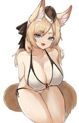 Rule 34 | 1girl, :d, animal ear fluff, animal ears, arknights, arms behind back, bikini, black hat, black ribbon, blonde hair, blue eyes, breasts, cleavage, collarbone, cropped legs, fangs, front-tie bikini top, front-tie top, garrison cap, hair ribbon, hat, highres, horse ears, horse girl, horse tail, large breasts, leaning forward, long hair, looking at viewer, open mouth, ribbon, side-tie bikini bottom, simple background, skin fangs, smile, solo, swept bangs, swimsuit, tail, thick eyebrows, thighs, unknownnoname0, whislash (arknights), white background, white bikini