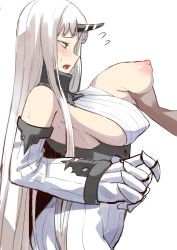 Rule 34 | 1girl, absurdres, abyssal ship, blush, grabbing another&#039;s breast, breasts, breasts out, claws, detached sleeves, flying sweatdrops, from side, grabbing, highres, horns, kantai collection, large breasts, long hair, long sleeves, manno (kanpi2100), nipples, open mouth, out of frame, profile, red eyes, ribbed sweater, seaport princess, simple background, single horn, solo focus, sweat, sweater, white background, white hair, white sweater