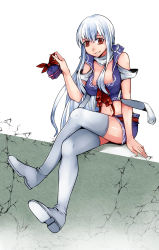 Rule 34 | 1girl, :d, adapted costume, aoshima, arm support, ascot, blue hair, boots, breasts, cleavage cutout, clothing cutout, crack, crop top, crossed legs, fingernails, hat, unworn hat, unworn headwear, high collar, highres, kamishirasawa keine, legs, long fingernails, long hair, looking at viewer, medium breasts, midriff, multicolored hair, navel, open mouth, orange eyes, shiny skin, short shorts, shorts, sitting, smile, suspender shorts, suspenders, thigh boots, thighhighs, touhou, white hair