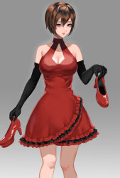 Rule 34 | 1girl, bare shoulders, black gloves, breasts, brown eyes, brown hair, cleavage, cleavage cutout, clothing cutout, collarbone, dress, elbow gloves, frilled dress, frills, gloves, grey background, hair between eyes, high heels, highres, holding, holding shoes, medium breasts, meiko (vocaloid), meriko, parted lips, red dress, red footwear, red lips, shiny footwear, shoes, unworn shoes, short hair, solo, standing, vocaloid