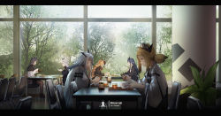 6+girls animal_ears arknights blonde_hair blue_hair ch&#039;en_(arknights) chopsticks dining_room eating highres horns ifrit_(arknights) indoors lappland_(arknights) laughing letterboxed multiple_girls orange_eyes plate ptilopsis_(arknights) ptilopsis_(elite_ii)_(arknights) qianyi_yuantu_sheng sad swire_(arknights) texas_(arknights) tray white_hair