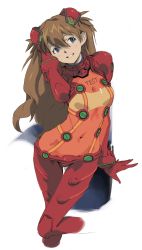 Rule 34 | 1girl, absurdres, blue eyes, brown hair, clothes writing, covered navel, hair between eyes, head tilt, highres, interface headset, legs together, long hair, neon genesis evangelion, open mouth, parted bangs, plugsuit, rebuild of evangelion, see-through, simple background, smile, solo, souryuu asuka langley, standing, standing on one leg, test plugsuit, two side up, very long hair, white background, yasuda akira