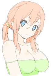 Rule 34 | 1girl, bad id, bad twitter id, bare shoulders, blue eyes, breasts, cleavage, donguri suzume, dress, green dress, hair between eyes, highres, large breasts, long hair, looking at viewer, off shoulder, pink hair, ponytail, simple background, solo, upper body, white background