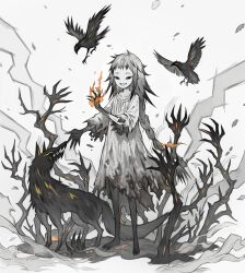 Rule 34 | 1girl, absurdres, animal, bird, black eyes, black skin, braid, braided ponytail, branch, claws, colored skin, colored tips, commentary, crow, dress, empty eyes, english commentary, fire, flaming hand, fox, full body, grey dress, grey hair, grey skin, grin, hands up, highres, long hair, long sleeves, looking at viewer, multicolored hair, multicolored skin, napal (ve xillum), original, sidelocks, smile, smoke, solo, standing, torn clothes, torn dress, very long hair, white background