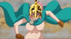 Rule 34 | 1girl, animated, animated gif, bouncing breasts, braid, breasts, cape, eyebrows, eyelashes, female focus, helmet, jewelry, large areolae, navel, necklace, nipples, nude filter, one piece, pectorals, pink hair, rebecca (one piece), s10collage, solo, stomach, thighs, third-party edit