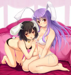 Rule 34 | 2girls, :&lt;, :p, all fours, animal ears, barefoot, bikini, black hair, blush, bra, breasts, cleavage, couch, face, feet, female focus, flat chest, hareno chiame, inaba tewi, legs, lingerie, long hair, looking at viewer, multiple girls, naughty face, navel, open mouth, panties, purple hair, rabbit ears, rabbit girl, rabbit tail, red eyes, reisen udongein inaba, short hair, side-tie panties, sitting, small breasts, swimsuit, tail, teasing, thighs, tongue, tongue out, touhou, underwear, underwear only, wariza