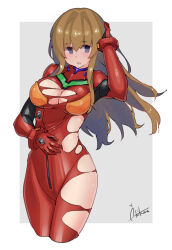 Rule 34 | 1girl, absurdres, blue eyes, bodysuit, breasts, brown hair, curvy, evangelion: 3.0+1.0 thrice upon a time, floating hair, hair down, hand in own hair, highres, large breasts, long hair, long sleeves, multicolored bodysuit, multicolored clothes, neon genesis evangelion, pilot suit, plugsuit, rebuild of evangelion, red bodysuit, shiny clothes, souryuu asuka langley, torn bodysuit, torn clothes, very long hair, wide hips