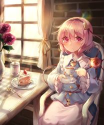 Rule 34 | 1girl, :/, absurdres, asrielchu, black hairband, blouse, blue shirt, blush, brick wall, buttons, cake, cake slice, chair, closed mouth, commentary, cowboy shot, cup, curtains, flower, food, fork, frilled shirt collar, frilled sleeves, frills, fruit, hair between eyes, hair ornament, hairband, heart, heart button, heart hair ornament, highres, holding, holding cup, holding saucer, indoors, komeiji satori, korean commentary, lens flare, light rays, long sleeves, looking at viewer, on chair, pink eyes, pink hair, pink skirt, plate, red eyes, red flower, red rose, ribbon trim, rose, saucer, shadow, shirt, short hair, sitting, skirt, solo, strawberry, strawberry shortcake, sugar bowl, table, tea, teacup, third eye, touhou, vase, wide sleeves, window