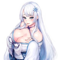 Rule 34 | 1girl, bare shoulders, blue eyes, bow, breasts, cleavage, commentary request, hair ornament, japanese clothes, kimono, large breasts, long hair, mole, mole under mouth, nijisanji, original, raised eyebrows, setsuna (1st costume) (nijisanji), setsuna (nijisanji), shu-mai, simple background, smile, snowflake hair ornament, snowflakes, solo, virtual youtuber, waist bow, white background, white hair, yuki onna