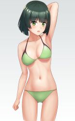Rule 34 | 1girl, arm behind head, arm up, bikini, black hair, breasts, cleavage, gluteal fold, gradient background, green bikini, green eyes, grey background, highres, kyoumachi seika, looking at viewer, medium breasts, short hair, simple background, solo, sparkling yudofu, standing, swimsuit, voiceroid, white background