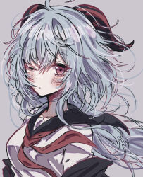 Rule 34 | 1girl, ;|, ahoge, alternate costume, black sailor collar, blue hair, blush, closed mouth, commentary, ganyu (genshin impact), genshin impact, grey background, hair between eyes, highres, horns, jacket, jacket partially removed, long hair, looking at viewer, neckerchief, one eye closed, red horns, red neckerchief, sailor collar, school uniform, shirt, simple background, solo, upper body, usa (usagi minku), white shirt, wind