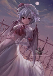 Rule 34 | 1girl, bad id, bad pixiv id, bat wings, dress, fence, full moon, own hands clasped, looking at viewer, moon, own hands together, remilia scarlet, silhouette, smile, touhou, wings, yuki (popopo)