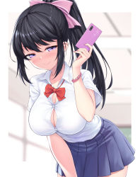 Rule 34 | 1girl, black hair, blue skirt, blurry, blurry background, blush, bow, bowtie, bracelet, breasts, cellphone, chalkboard, classroom, cleavage, closed mouth, collarbone, collared shirt, commentary, day, dress shirt, english commentary, eyelashes, hair between eyes, hair bow, half-closed eyes, hand up, highres, holding, holding phone, indoors, ivenglynn, jewelry, large breasts, leaning forward, long hair, looking at viewer, loose bowtie, loose neckwear, miniskirt, no bra, original, phone, pink bow, pleated skirt, ponytail, purple eyes, red bow, red bowtie, shirt, short sleeves, skirt, smartphone, smile, solo, white shirt, window, wing collar