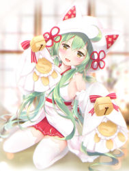 Rule 34 | 1girl, :3, :d, akashi (azur lane), akashi (white cat&#039;s repayment) (azur lane), armpits, azur lane, bell, blurry, commentary request, depth of field, detached sleeves, dollar sign, dress, green hair, head tilt, highres, hood, japanese clothes, kimono, long hair, looking at viewer, maya (tirolpop), mole, mole under eye, open mouth, paw print, pleated skirt, seiza, sitting, skirt, sleeves past wrists, smile, solo, thighhighs, tri tails, uchikake, wedding dress, white thighhighs, wide sleeves, yellow eyes, zettai ryouiki