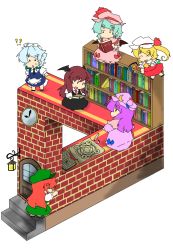 Rule 34 | !?, . ., 6+girls, :&lt;, :d, :o, ^ ^, apron, ascot, bat wings, blonde hair, blue dress, blue hair, book, bookshelf, bow, brick wall, capelet, chibi, china dress, chinese clothes, clock, closed eyes, collared shirt, crescent, door, dress, embodiment of scarlet devil, eyebrows, flandre scarlet, floating, green dress, hat, hat bow, hat ribbon, head wings, hexagram, holding, holding book, hong meiling, izayoi sakuya, kemomimisaikou, koakuma, lantern, long hair, looking down, m c escher, magic circle, maid, maid apron, maid headdress, mob cap, multiple girls, necktie, open book, open mouth, patchouli knowledge, pointing, purple dress, purple hair, reading, red hair, remilia scarlet, ribbon, shirt, short hair, short sleeves, side ponytail, silver hair, simple background, sitting, skirt, skirt set, smile, stairs, standing, thumbs up, touhou, triangle mouth, waist apron, waving, white background, white shirt, wings, yanagita (daitai 2 ton), | |