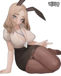 Rule 34 | 1girl, :o, absurdres, animal ears, arm support, between breasts, black skirt, blonde hair, blue eyes, breasts, brown pantyhose, cleavage, collared shirt, commentary, covered erect nipples, highres, large areolae, long hair, looking at viewer, microskirt, mole, mole under eye, name tag, no bra, no shoes, office lady, open mouth, original, panties, pantyhose, pantyshot, pencil skirt, puffy nipples, rabbit (wlsdnjs950), rabbit ears, shirt, simple background, skirt, slit pupils, solo, thighs, underwear, v, white background, white panties, white shirt
