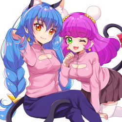 Rule 34 | 2girls, animal ears, blue hair, bow, braid, cat ears, cat girl, cat tail, cleavage cutout, clothing cutout, double bun, dual persona, eru, green eyes, looking at viewer, mao (precure), multiple girls, pants, paw pose, pleated skirt, precure, purple eyes, skirt, smile, star twinkle precure, tail, tail bow, tail ornament, thighhighs, twin braids, yellow eyes, yuni (precure)