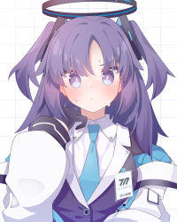Rule 34 | 1girl, absurdres, black gloves, black jacket, blue archive, blue necktie, blush, bright pupils, collared shirt, ear blush, gloves, grid background, halo, hand up, highres, jacket, layered clothes, long hair, looking at viewer, necktie, purple eyes, purple hair, satoh vrc, shirt, solo, sweat, two side up, upper body, white background, white jacket, white shirt, yuuka (blue archive)