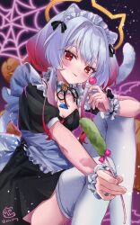 Rule 34 | 1girl, :p, absurdres, animal ears, apron, bell, black dress, breasts, candy, cat ears, cat girl, cat tail, cat teaser, collar, dress, food, gradient hair, halloween, halo, highres, holding, holding candy, holding food, holding lollipop, jack-o&#039;-lantern, lollipop, looking at viewer, maid, maid headdress, medium breasts, multicolored hair, neck bell, original, puffy short sleeves, puffy sleeves, pumpkin, red eyes, red hair, shiro kikurage, short hair with long locks, short sleeves, smile, tail, thighhighs, tongue, tongue out, white apron, white hair, white thighhighs, wrist cuffs