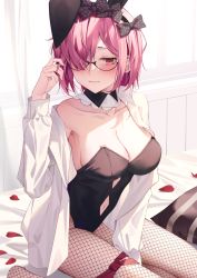 Rule 34 | 1girl, alternate costume, animal ears, bare shoulders, bespectacled, black-framed eyewear, black leotard, blouse, blush, breasts, cleavage, collarbone, collared shirt, commission, detached collar, dress shirt, fake animal ears, fate/grand order, fate (series), fishnet pantyhose, fishnets, glasses, hair over one eye, highres, large breasts, leotard, light purple hair, long sleeves, looking at viewer, mash kyrielight, open clothes, open shirt, pantyhose, pixiv commission, playboy bunny, purple eyes, rabbit ears, semi-rimless eyewear, shirt, short hair, solo, strapless, strapless leotard, thighs, under-rim eyewear, white shirt, yukiyama momo
