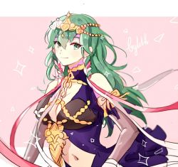 Rule 34 | 1girl, braid, breasts, byleth (female) (fire emblem), byleth (fire emblem), character name, cleavage, closed mouth, cosplay, dinikee, dress, fire emblem, fire emblem: three houses, green eyes, green hair, hair ornament, large breasts, long hair, navel, nintendo, pink background, side braid, simple background, smile, solo, sothis (fire emblem), sothis (fire emblem) (cosplay), twin braids, upper body