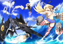 Rule 34 | &gt;:), 10s, 2girls, abyssal ship, afloat, anchor hair ornament, ankle boots, battle, big.g, black hair, blonde hair, blue sky, boots, brown eyes, chasing, colored skin, day, elbow gloves, firing, gloves, grey footwear, hair ornament, kantai collection, long hair, machinery, midriff, missile, multiple girls, ocean, pleated skirt, rensouhou-chan, ru-class battleship, running, school uniform, serafuku, shimakaze (kancolle), skirt, sky, striped clothes, striped legwear, striped thighhighs, thighhighs, turret, v-shaped eyebrows, white skin, zettai ryouiki