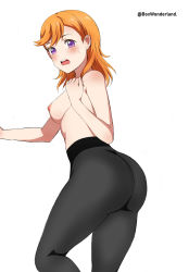 Rule 34 | 1girl, absurdres, ass, bare shoulders, black pantyhose, blush, box wonderland, breasts, cowboy shot, dressing, from behind, highres, huge ass, long hair, looking at viewer, looking back, love live!, love live! superstar!!, medium breasts, nipples, open mouth, orange hair, pantyhose, purple eyes, shibuya kanon, sideboob, simple background, solo, standing, standing on one leg, swept bangs, tareme, topless, underwear, underwear only, white background