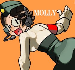 Rule 34 | 1girl, armband, back, brown hair, character name, female focus, from behind, glasses, hat, headset, highres, looking back, military, military uniform, molly (skullgirls), open mouth, orange background, simple background, skullgirls, smile, solo, tagme, uniform, wavy mouth